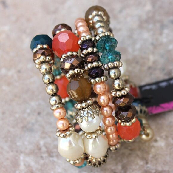 Womens Beaded Ornate Intricate Crystal Chunky TEAL Adjustable Coil Bracelet - Picture 1 of 7